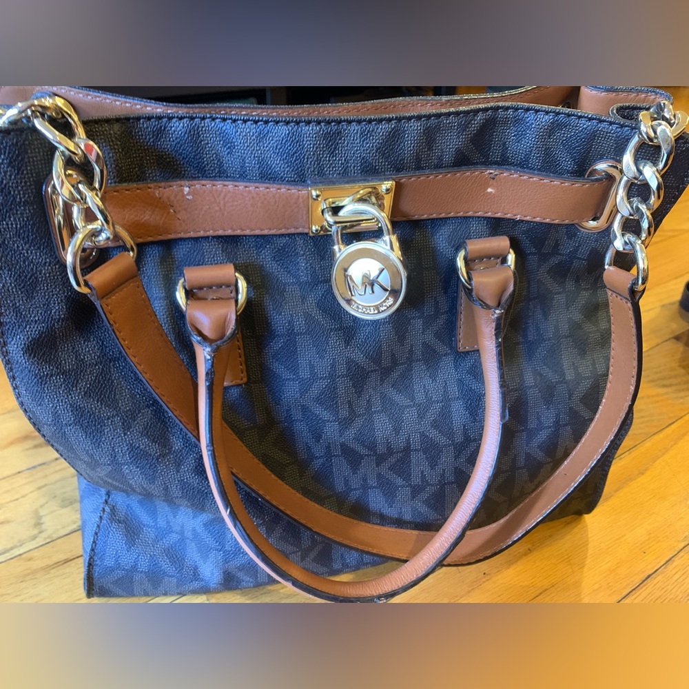 Michael Kors Hamilton signature bag with MK lock and gold chain.